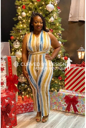 Abstract Tan Stripped  Jumpsuit