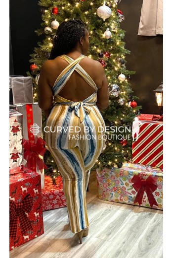 Abstract Tan Stripped  Jumpsuit