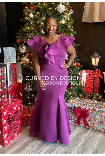 Purple Ruffle Neck Mermaid Gown