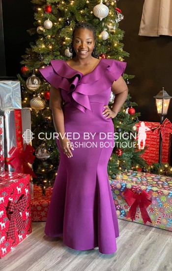 Purple Ruffle Neck Mermaid Gown