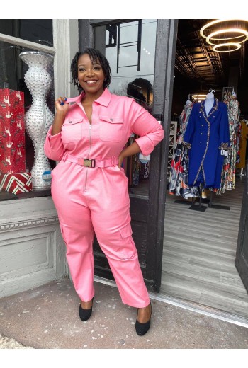 Pink Belted Cargo Jumpsuit
