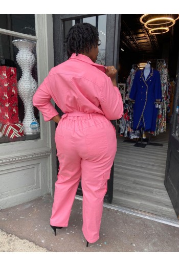 Pink Belted Cargo Jumpsuit