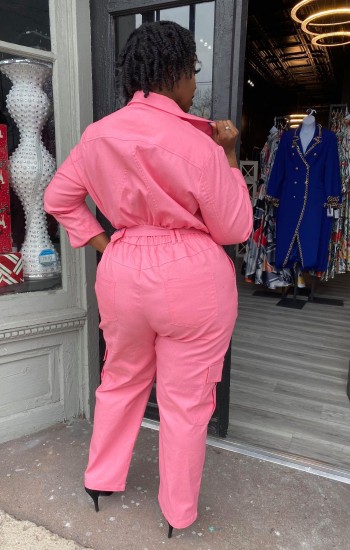 Pink Belted Cargo Jumpsuit