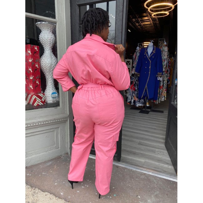 Pink Belted Cargo Jumpsuit