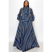 Blue Printed Bowtie Maxi Gown