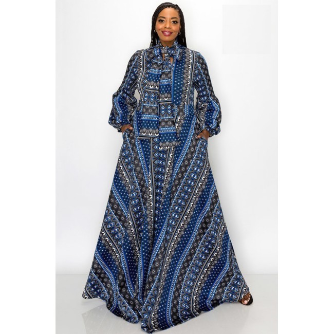 Blue Printed Bowtie Maxi Gown