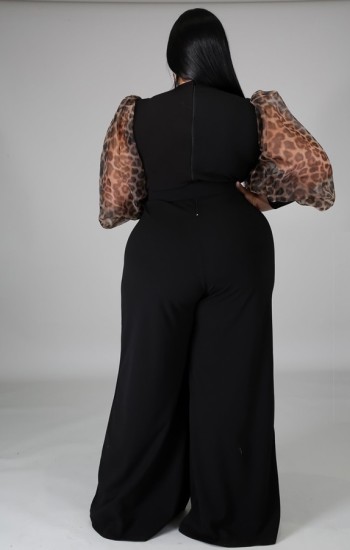 Sheer Cheetah Sleeve Palazzo Jumpsuit