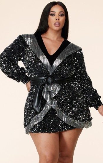 Deep V Sequin Mini Dress