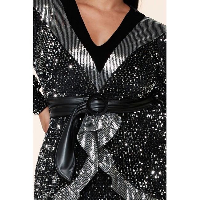 Deep V Sequin Mini Dress