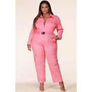 Pink Belted Cargo Jumpsuit