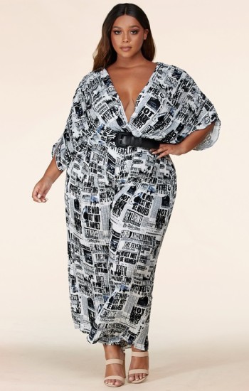 Belted Newspaper Palazzo Jumpsuit