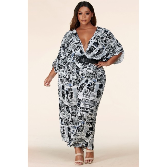 Belted Newspaper Palazzo Jumpsuit