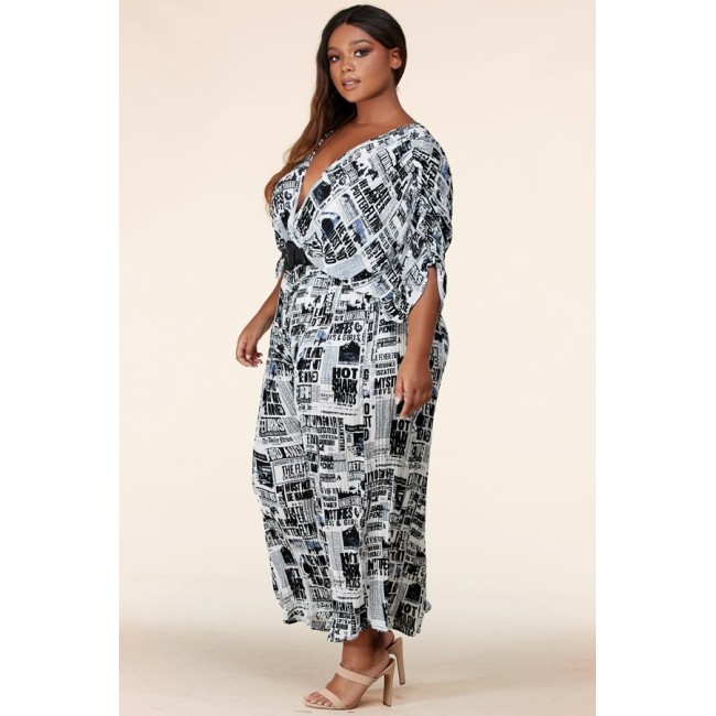 Belted Newspaper Palazzo Jumpsuit