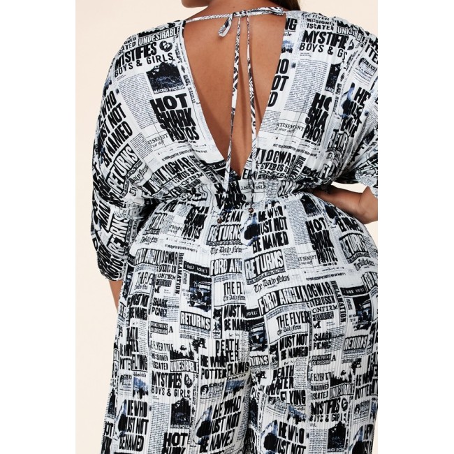 Belted Newspaper Palazzo Jumpsuit