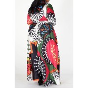 Red High Collar Multi-Color Maxi