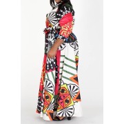 Red High Collar Multi-Color Maxi