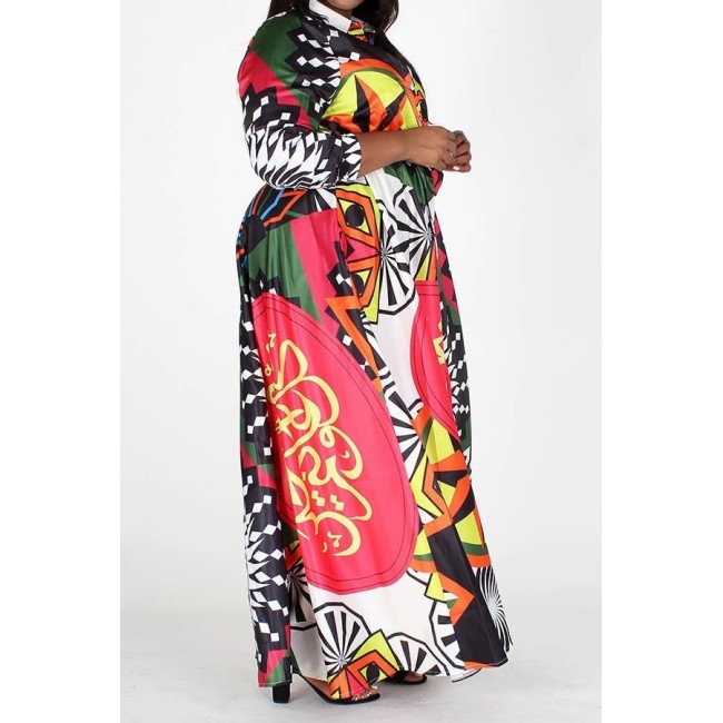 Red High Collar Multi-Color Maxi